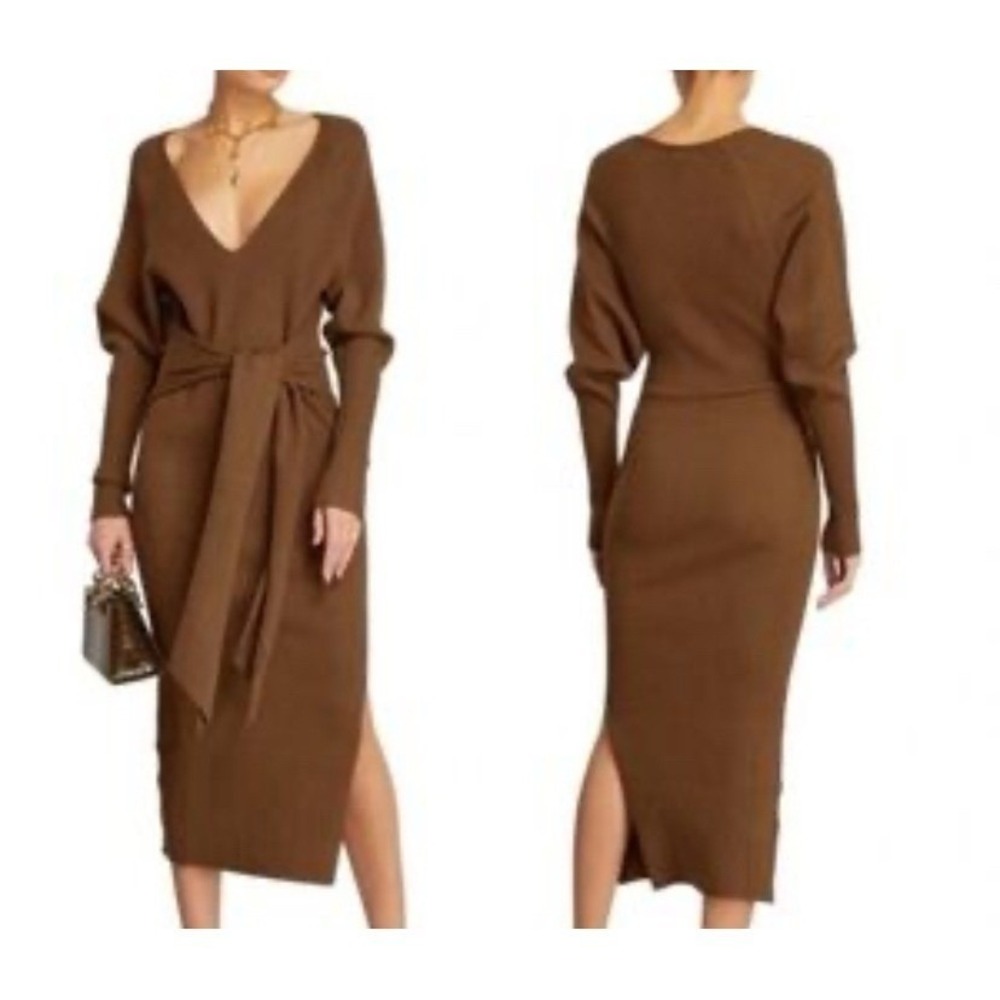 Good American Ribbed V-Neck Tie‎ Waist Midi Dress Sepia Brown Size 3/4